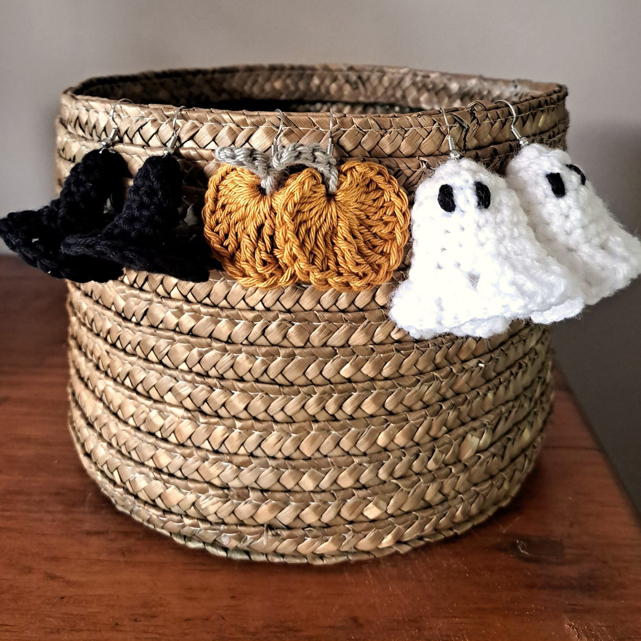 edited Crochet earrings - witch hat, pumpkin, and ghost